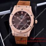 Best Copy Hublot Geneve Brown Face Brown Leather Band 41mm Rose Gold Case Watch